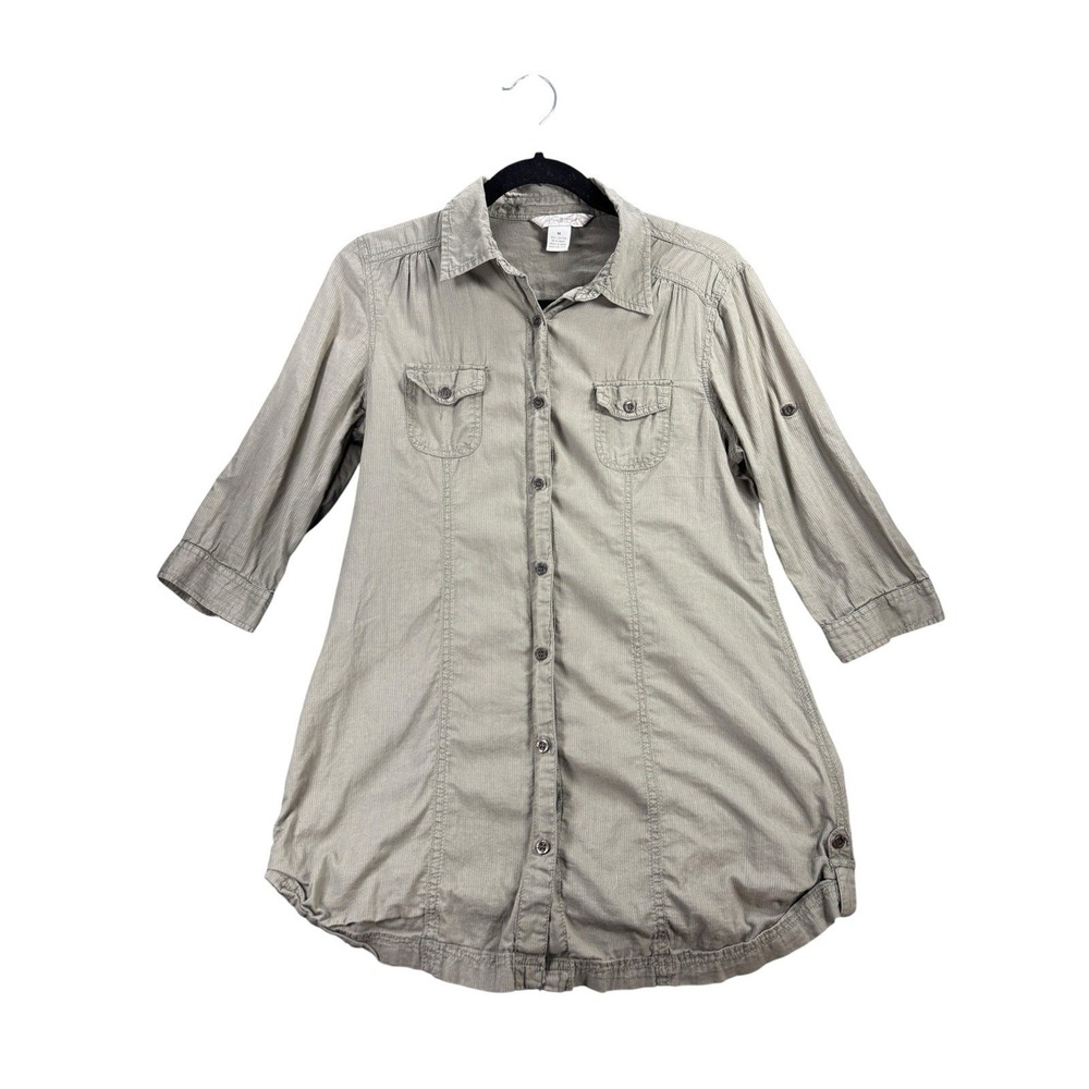 Fun & Flirt Khaki Shirt Dress Med Button Front Utility Safari Lightweight Boho